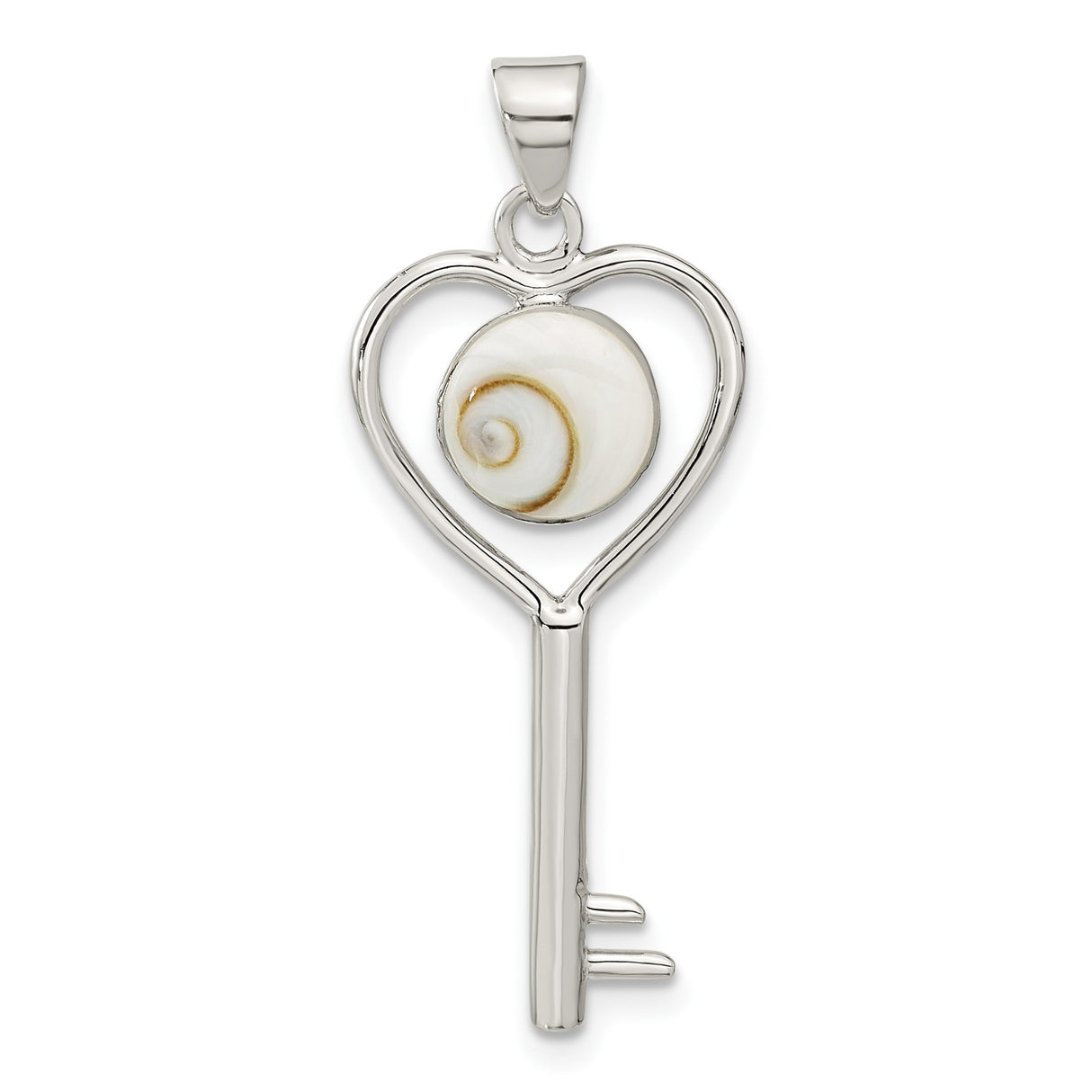 Sterling Silver Heart Key Pendant with Natural Spiral Shell, Boho Ocean-Inspired Jewelry