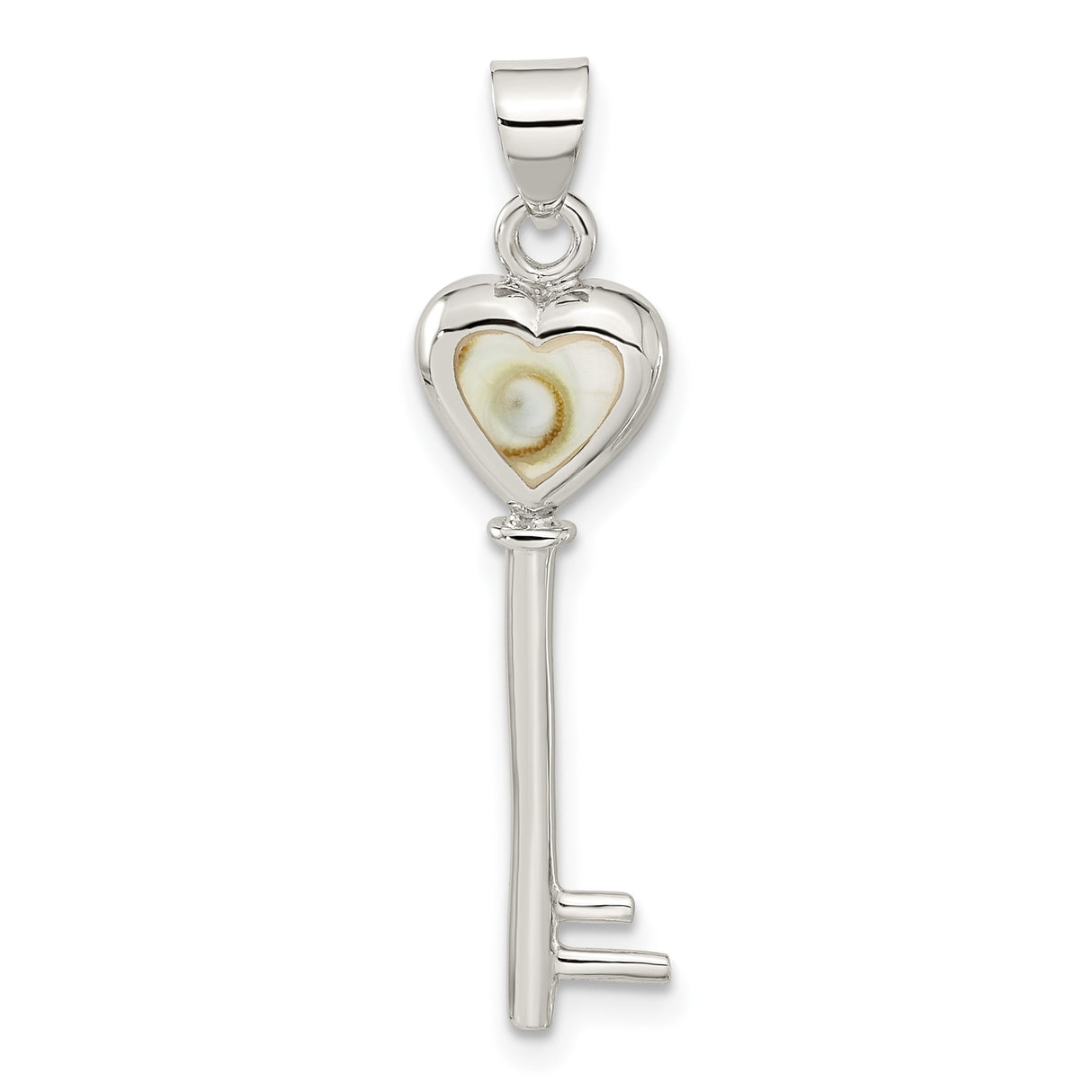 Sterling Silver Heart Key Pendant with Spiral Shell Inlay, Ocean-Inspired Romantic Charm