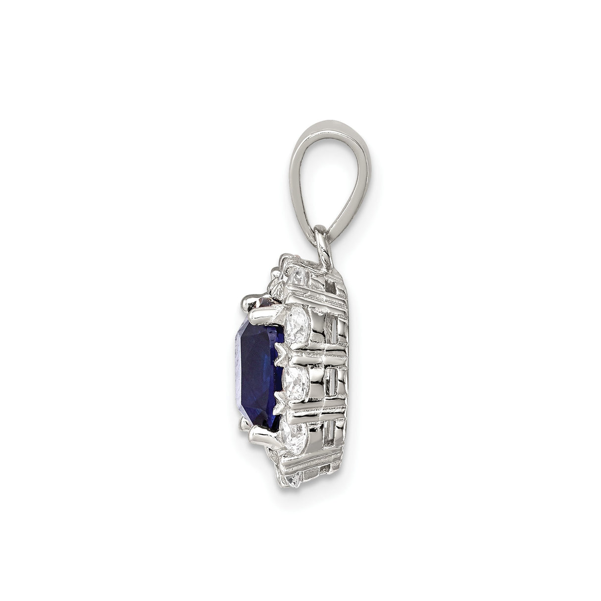 Sterling Silver Pendant with Cushion Cut Deep Blue Cubic Zirconia in Halo Setting