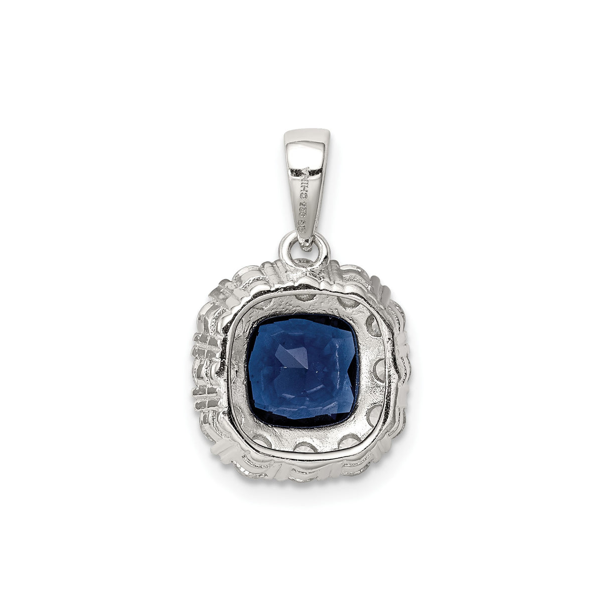 Sterling Silver Pendant with Cushion Cut Deep Blue Cubic Zirconia in Halo Setting