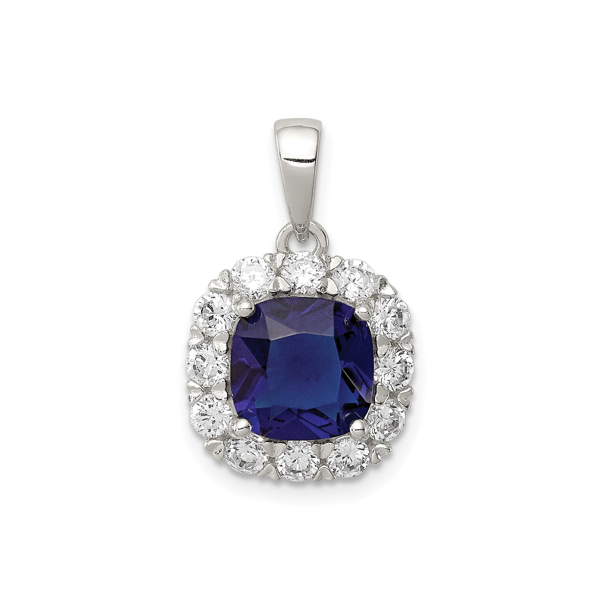 Sterling Silver Pendant with Cushion Cut Deep Blue Cubic Zirconia in Halo Setting