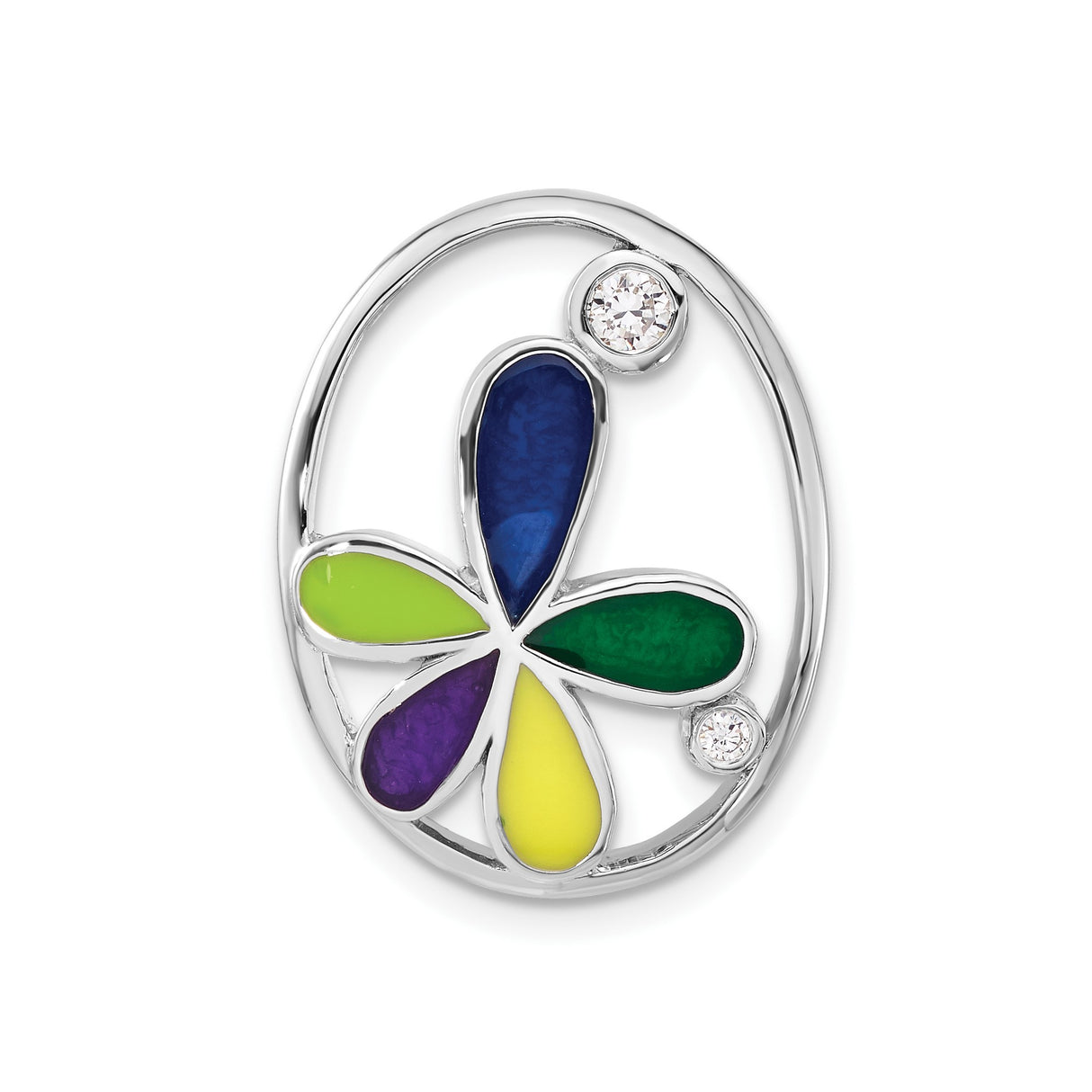 Sterling Silver Flower Pendant with Cubic Zirconia, Enamel Multicolor Petals, Nature Theme Jewelry