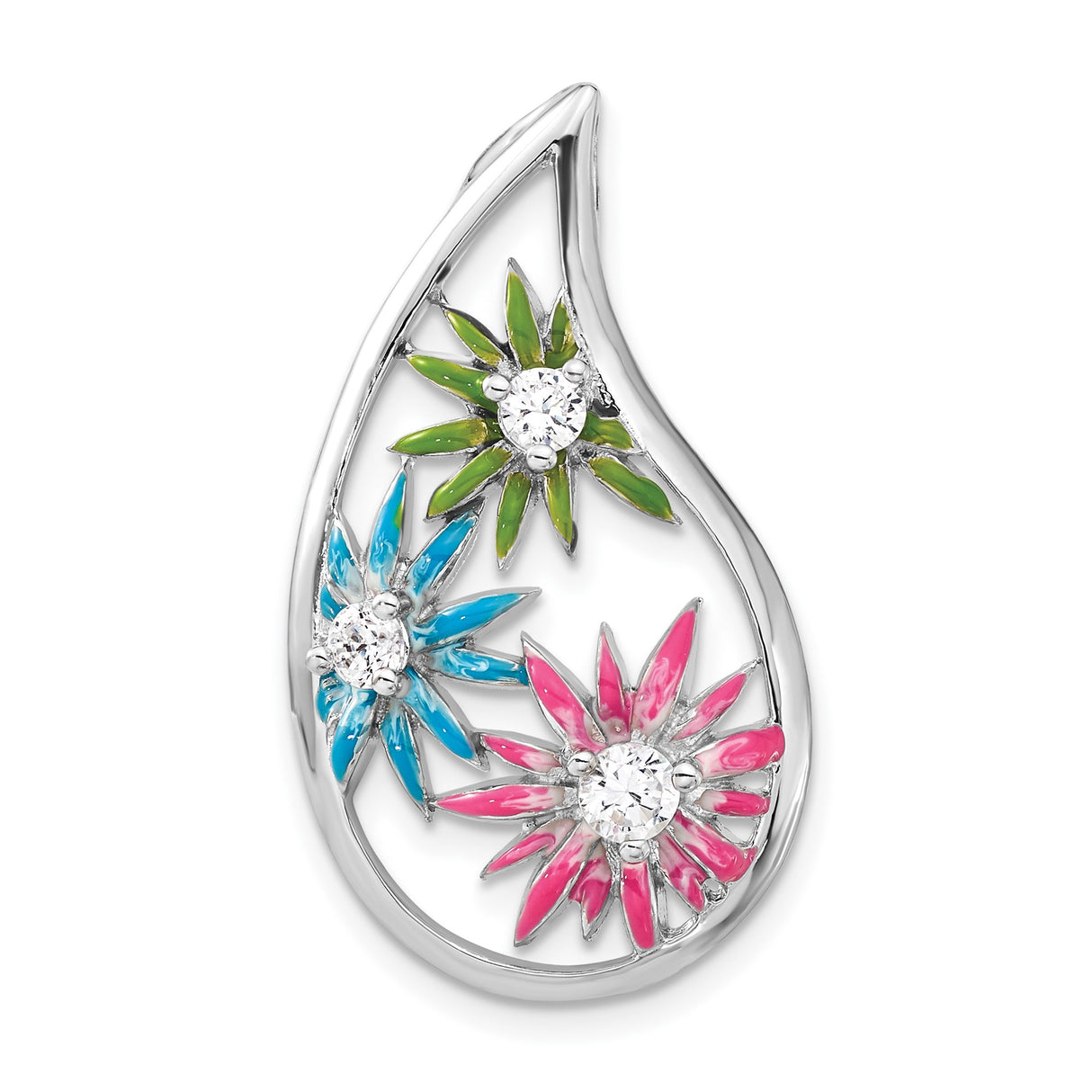 Sterling Silver Floral Pendant with Cubic Zirconia and Enamel Flowers, Nature-Inspired Design for Women