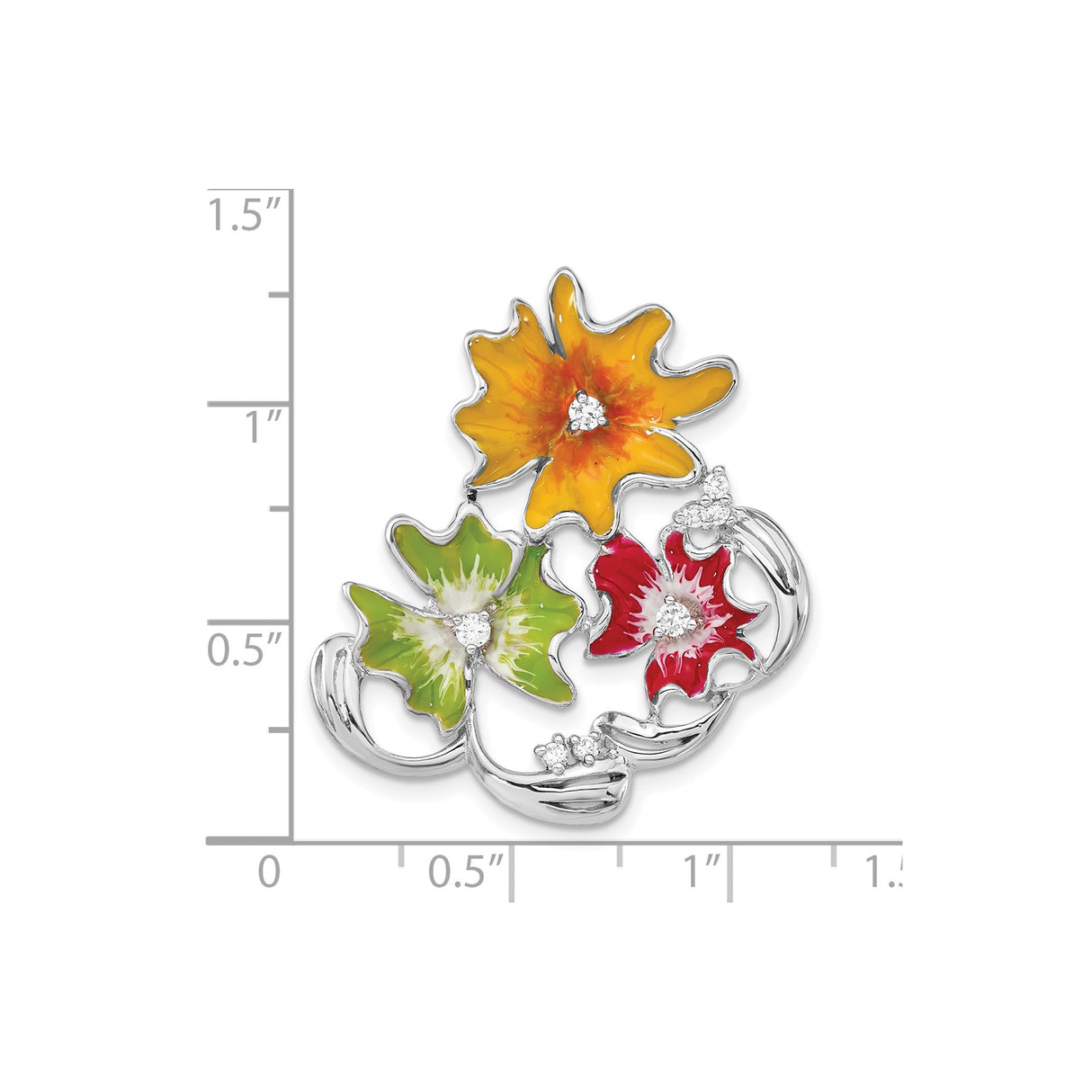 Sterling Silver Floral Brooch with Cubic Zirconia, Enamel Flowers in Red, Yellow, Green