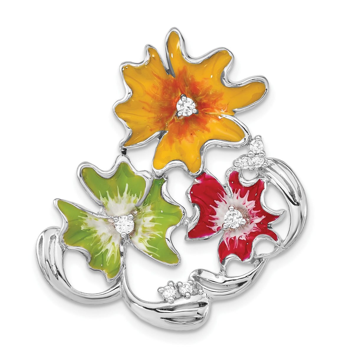 Sterling Silver Floral Brooch with Cubic Zirconia, Enamel Flowers in Red, Yellow, Green