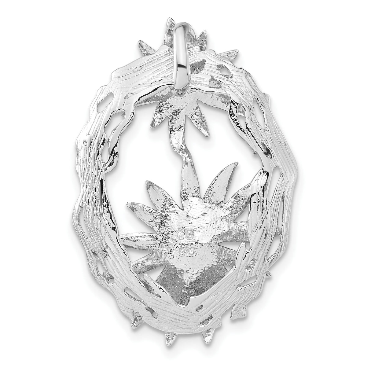 Sterling Silver Pendant with Cubic Zirconia, Black and White Enamel Starburst Flowers, Vine Motif