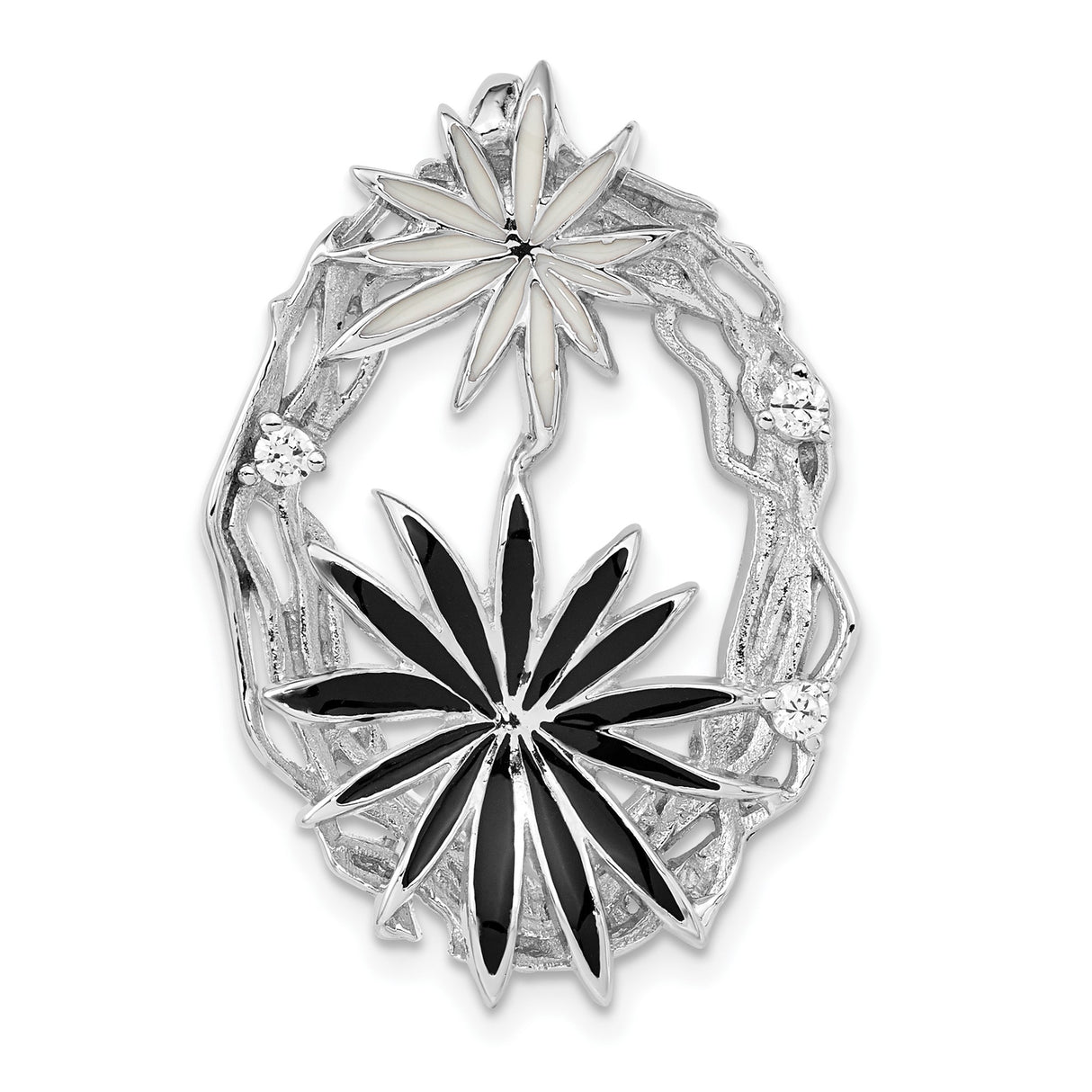 Sterling Silver Pendant with Cubic Zirconia, Black and White Enamel Starburst Flowers, Vine Motif