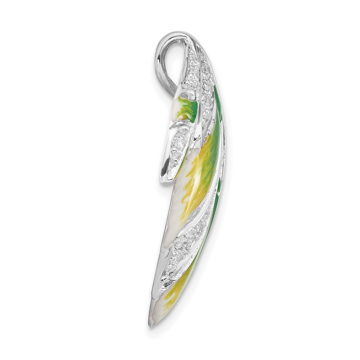 Sterling Silver Leaf Brooch with Cubic Zirconia, Green and Yellow Enamel, Nature Inspired Jewelry