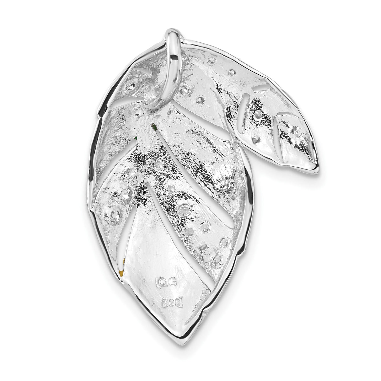 Sterling Silver Leaf Brooch with Cubic Zirconia, Green and Yellow Enamel, Nature Inspired Jewelry