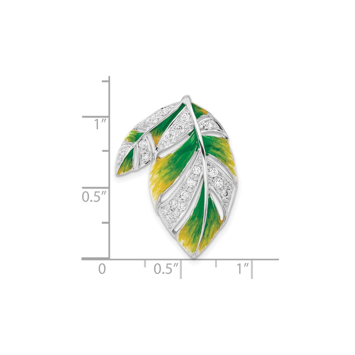 Sterling Silver Leaf Brooch with Cubic Zirconia, Green and Yellow Enamel, Nature Inspired Jewelry