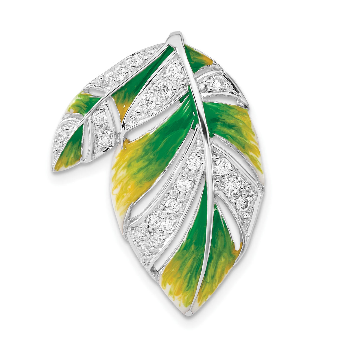 Sterling Silver Leaf Brooch with Cubic Zirconia, Green and Yellow Enamel, Nature Inspired Jewelry