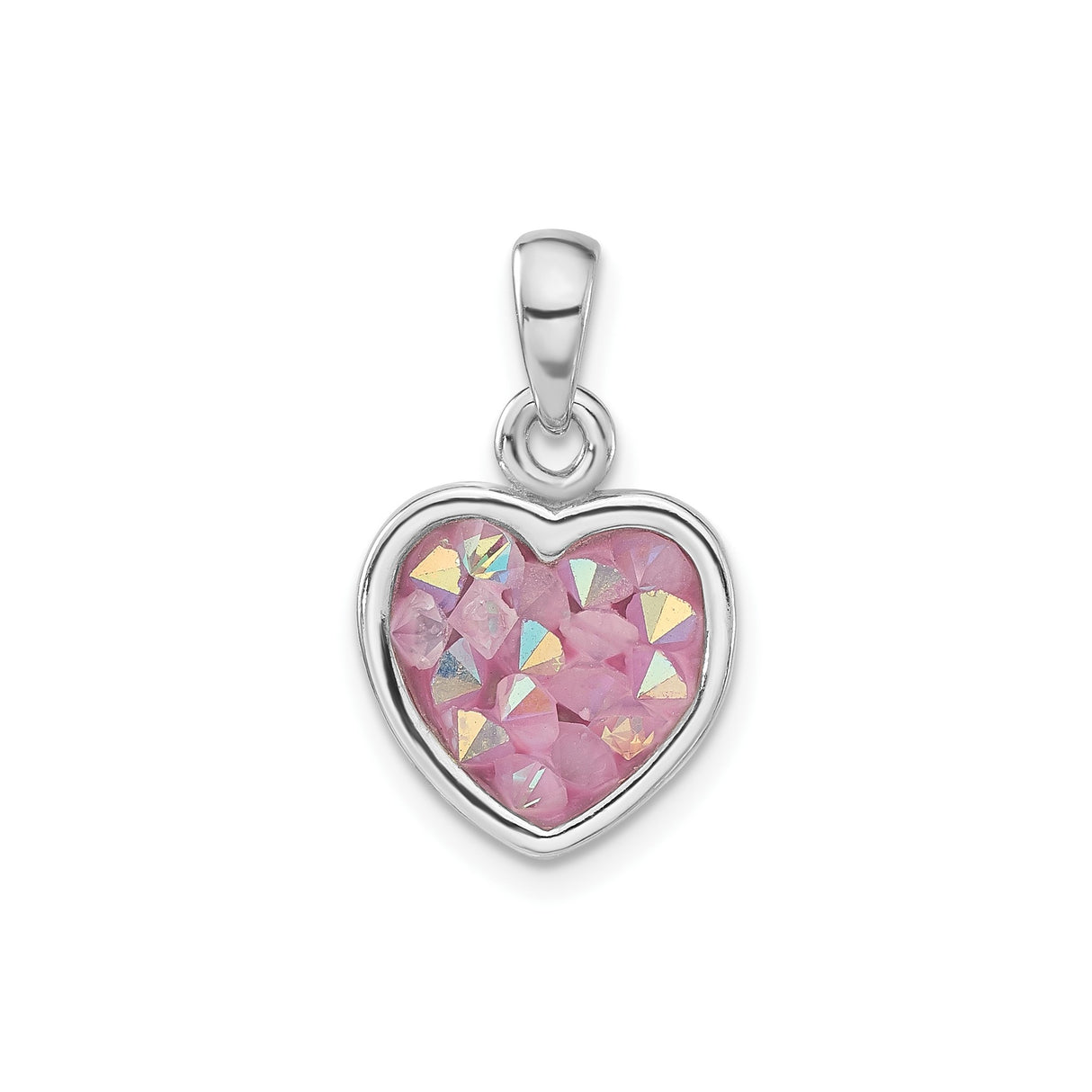 Sterling Silver Heart Pendant with Pink Iridescent Crystal Chips , Feminine and Romantic Jewelry