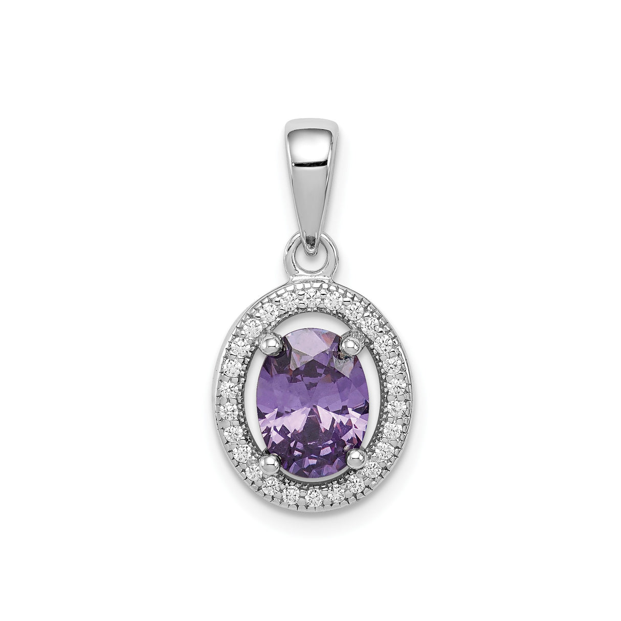 Sterling Silver Pendant with Oval Amethyst and Halo of Clear Cubic Zirconia, February Birthstone