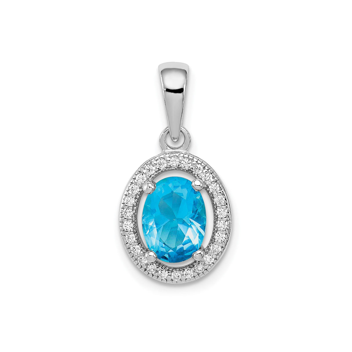 Sterling Silver Oval Pendant with Blue Cubic Zirconia and Clear Halo Stones for Women