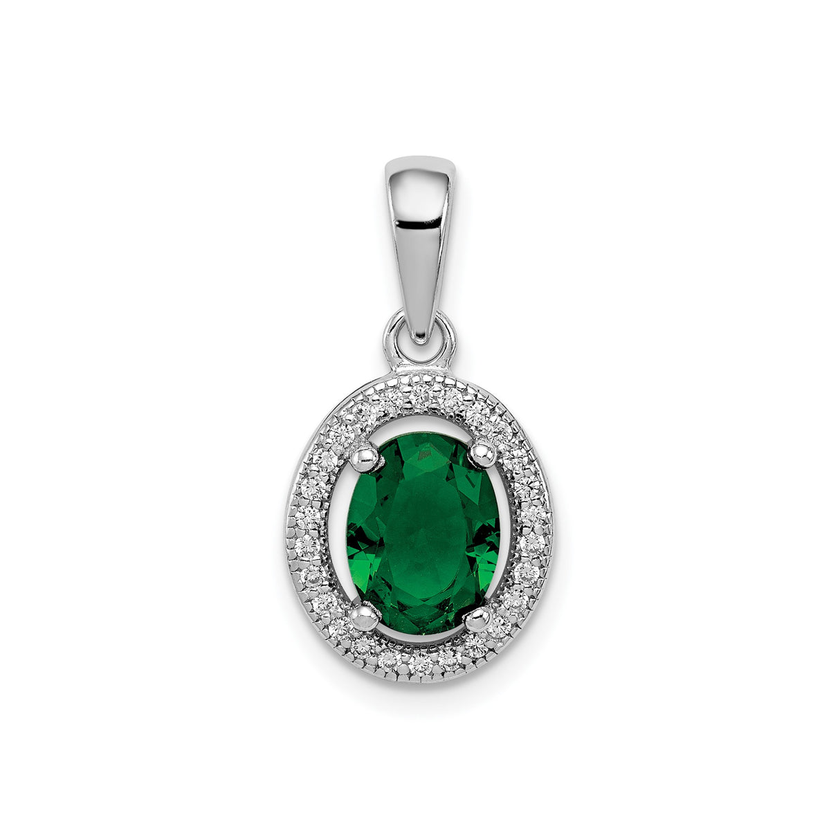 Sterling Silver Pendant with Oval Green Cubic Zirconia and White CZ Halo Design for Women