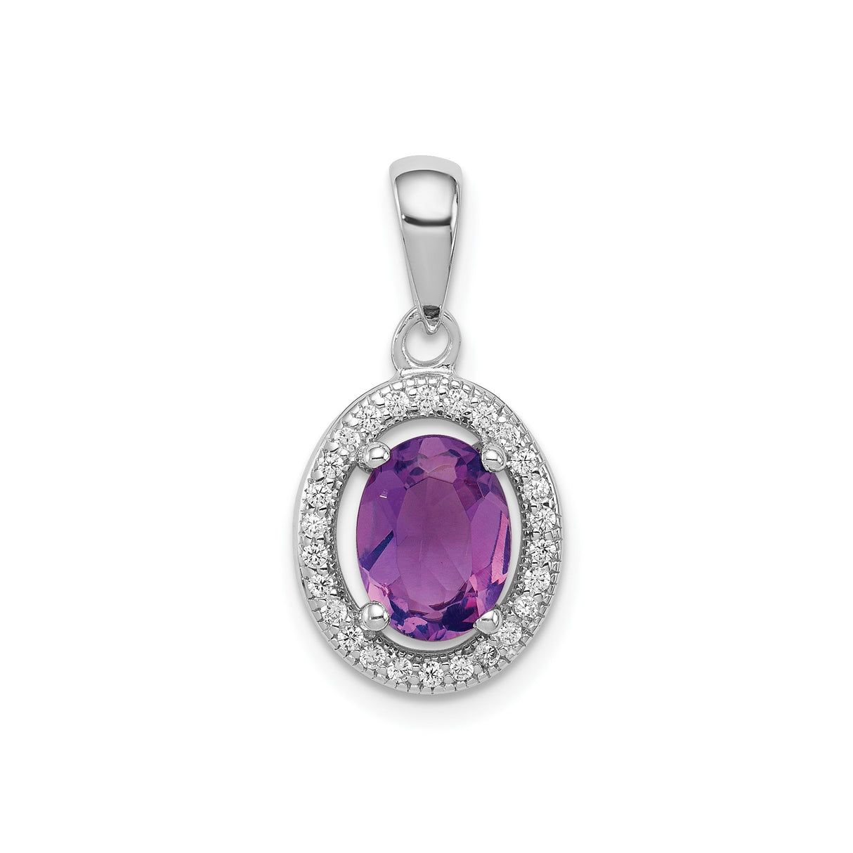 Sterling Silver Pendant with Amethyst Oval and Cubic Zirconia Halo Accents for Women