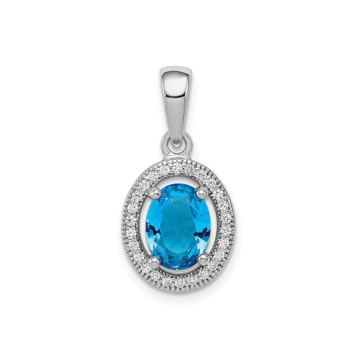 Sterling Silver Oval Pendant with Blue Topaz and Cubic Zirconia Halo for Women