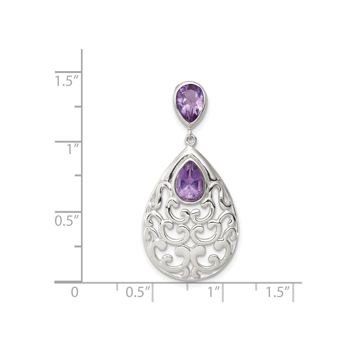 Sterling Silver Pendant with Amethyst Teardrops and Filigree Scrollwork for Women
