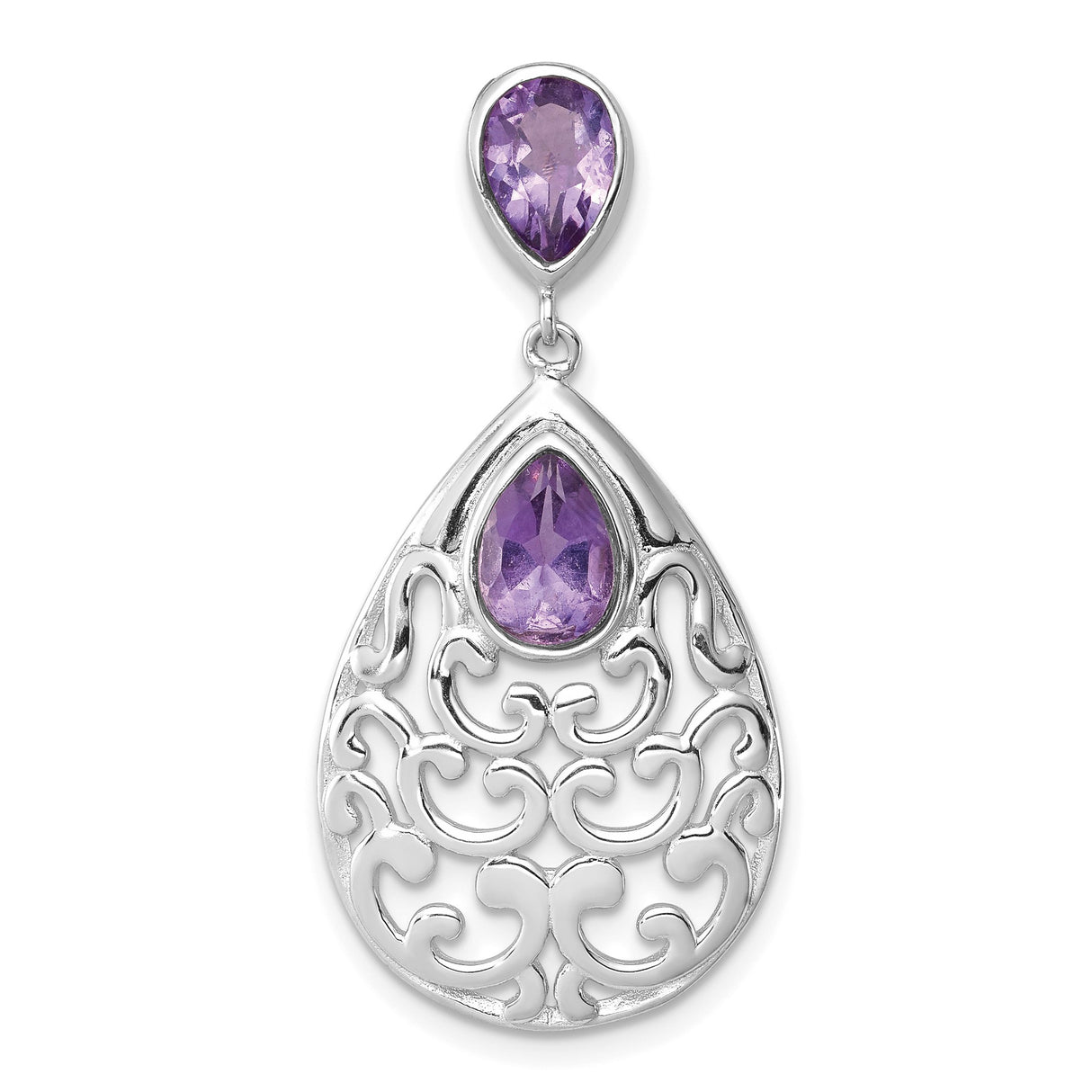 Sterling Silver Pendant with Amethyst Teardrops and Filigree Scrollwork for Women