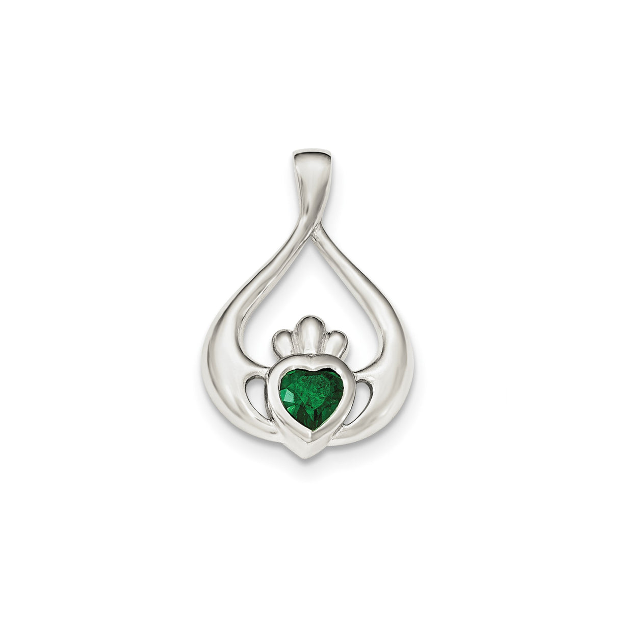 Sterling Silver Claddagh Pendant with Green Cubic Zirconia Heart, Irish Love and Loyalty Symbol