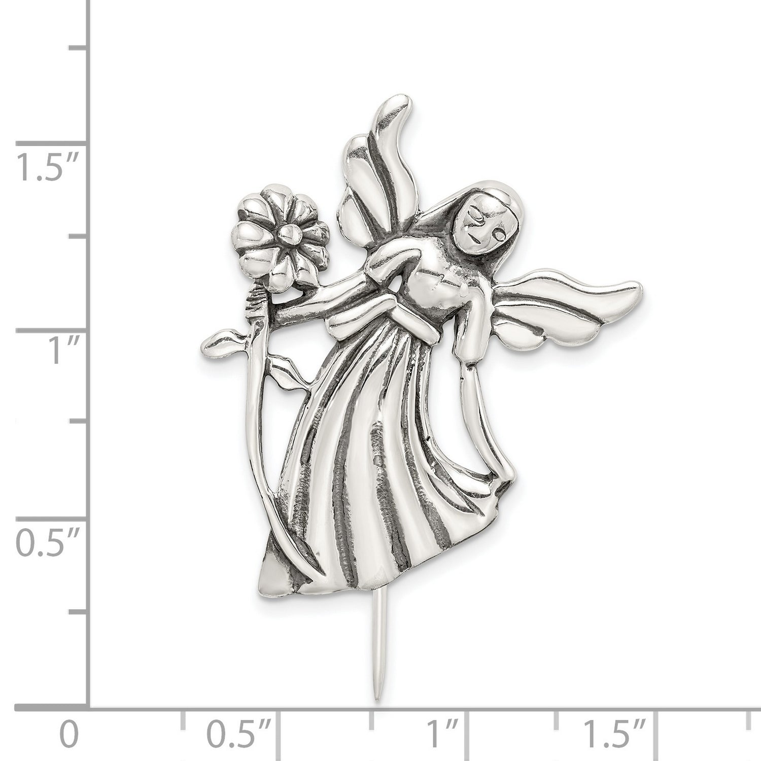 Polish and Antique Angel w Flower and Pin Charm Pendant in Real 925 Sterling Silver
