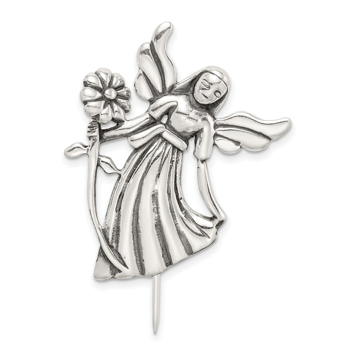 Polish and Antique Angel w Flower and Pin Charm Pendant in Real 925 Sterling Silver