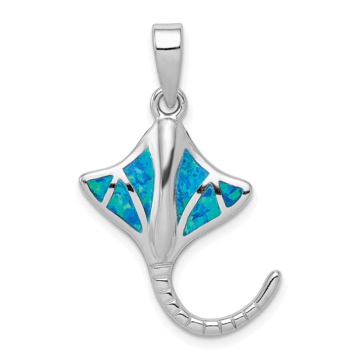 Sterling Silver Manta Ray Pendant with Lab Created Opal Inlay, Nautical Ocean Theme Jewelry