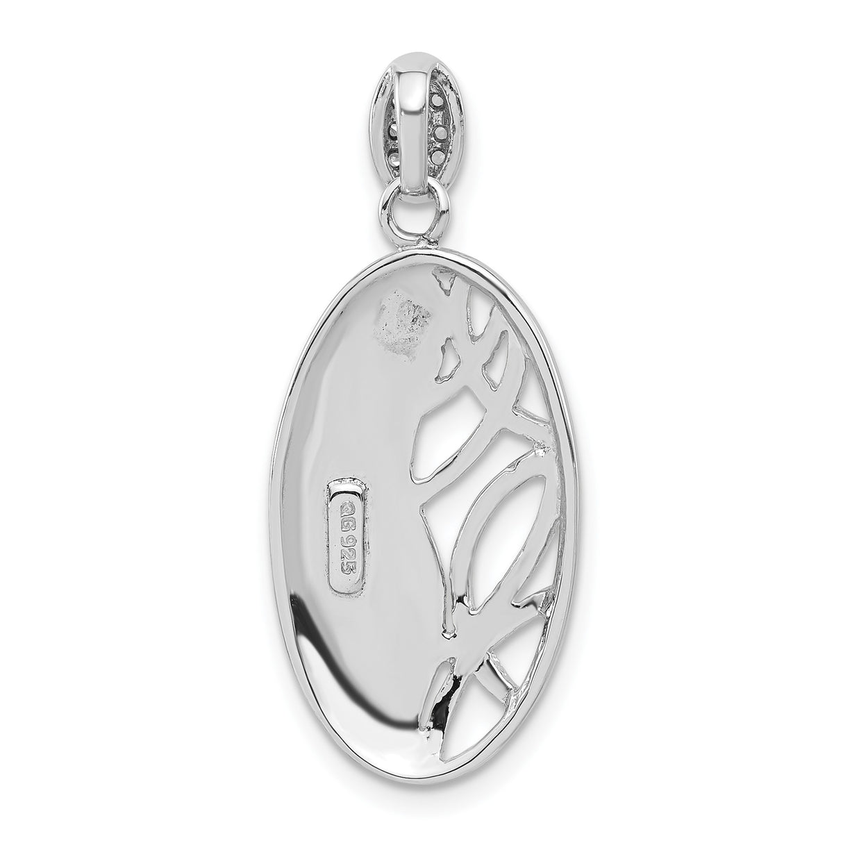 Sterling Silver Oval Pendant with Cubic Zirconia, Tree Branch and Leaf Design, Nature Inspired Jewelry