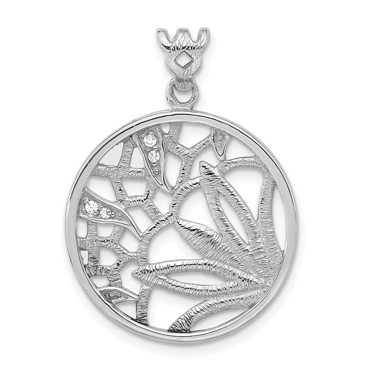 Sterling Silver Floral Leaf Pendant with Cubic Zirconia, Botanical Medallion Design