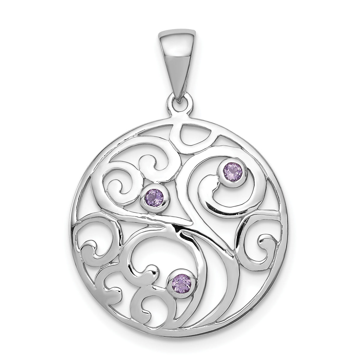 Sterling Silver Pendant with Amethyst in Openwork Swirl Celtic Inspired Design for Women