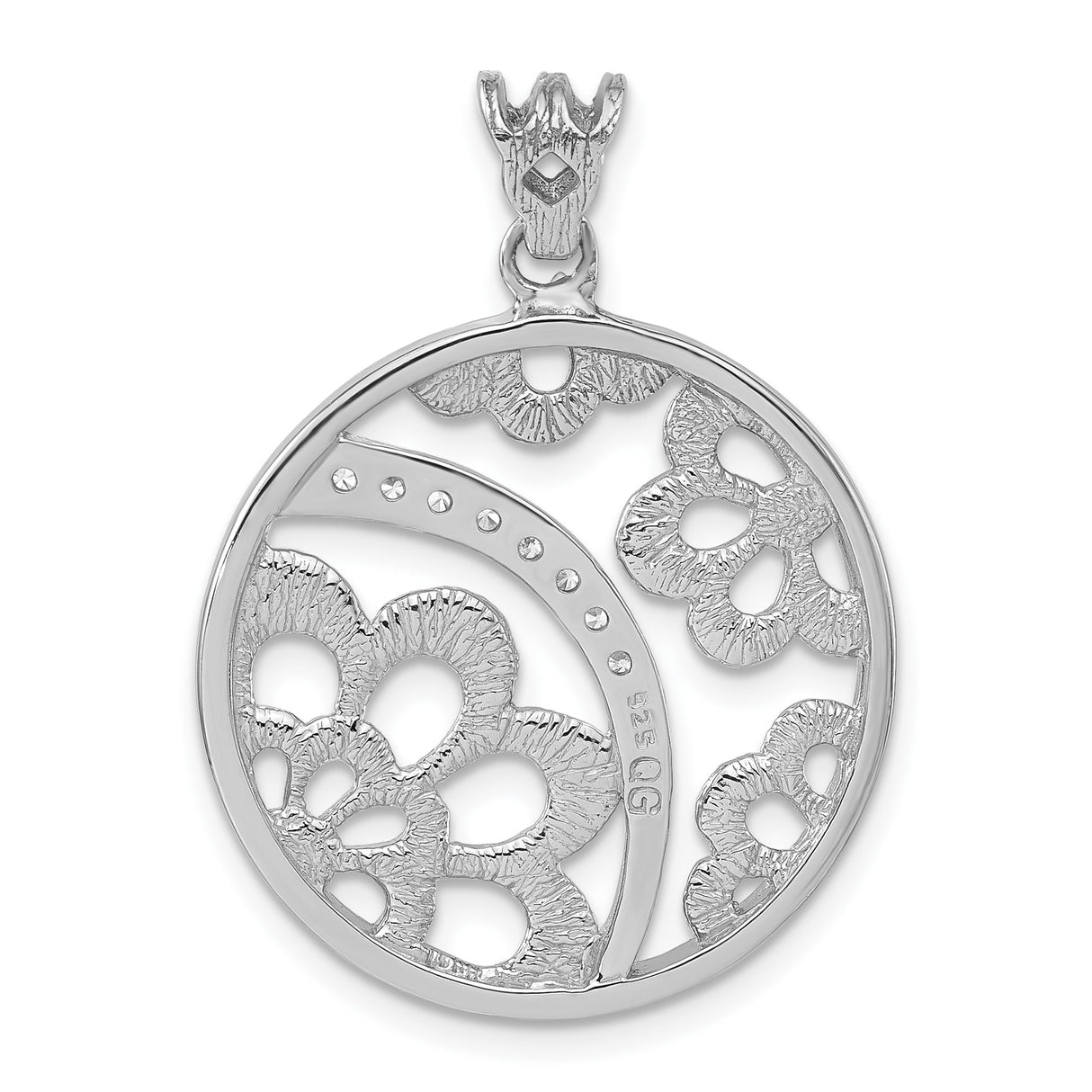 Sterling Silver Pendant with Cubic Zirconia, Floral Cutout, Textured Circle, Botanical Design