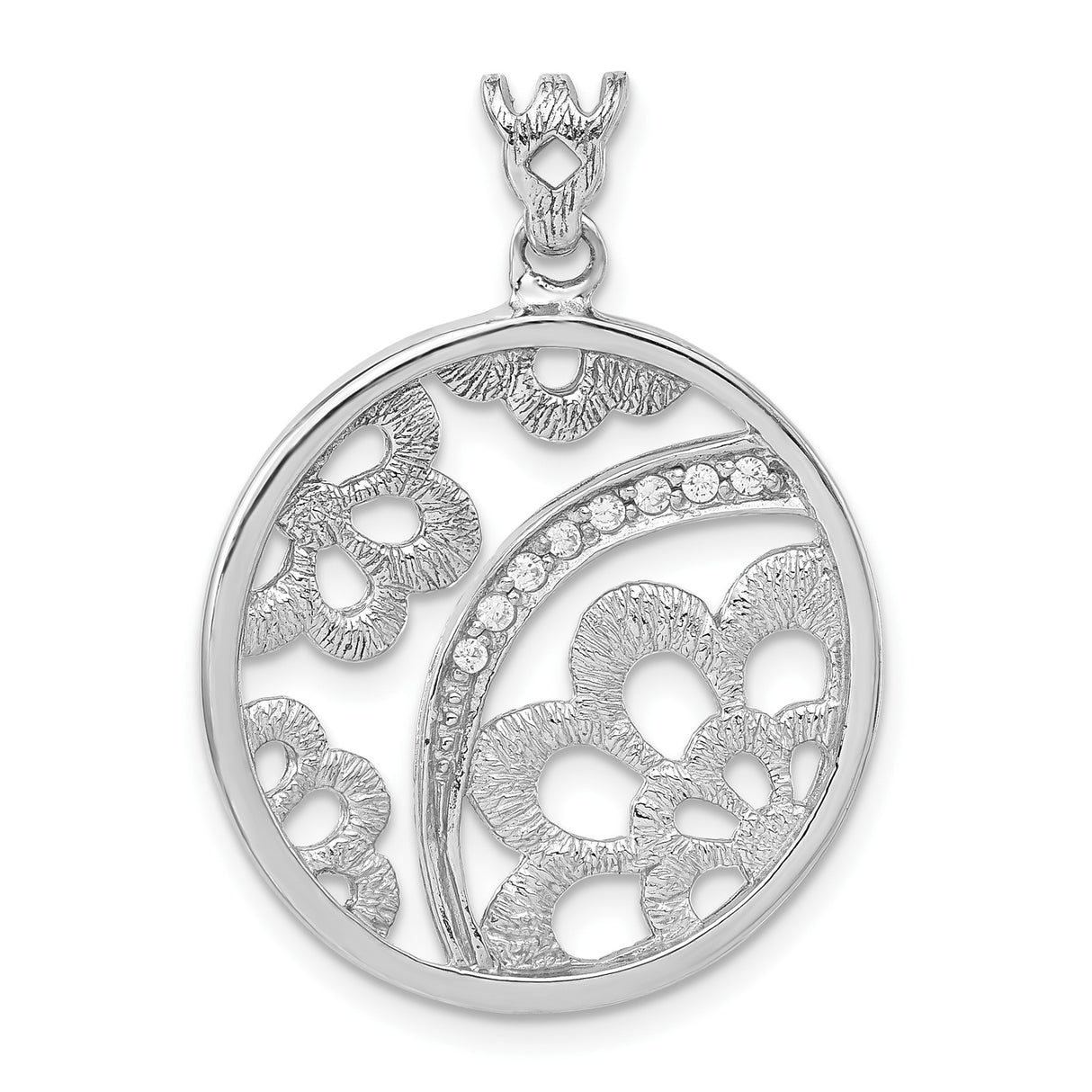 Sterling Silver Pendant with Cubic Zirconia, Floral Cutout, Textured Circle, Botanical Design