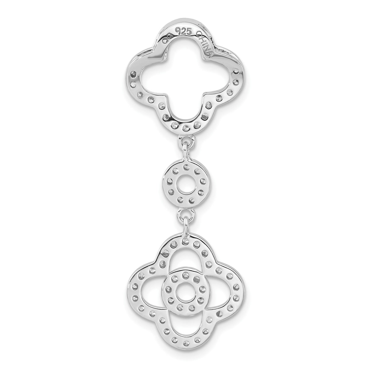 Sterling Silver Drop Earrings with Cubic Zirconia, Quatrefoil and Floral Motif Dangle Style