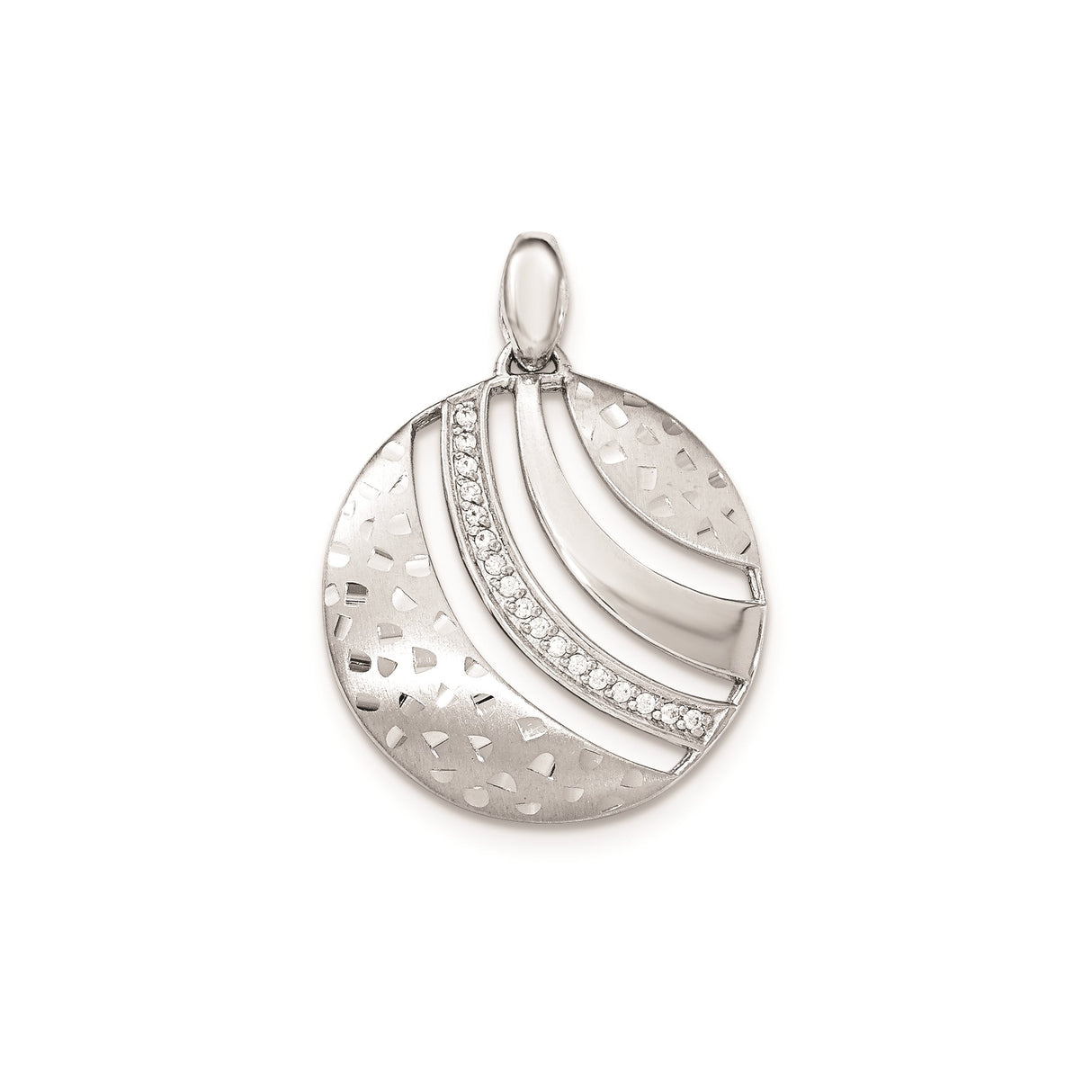 Sterling Silver Abstract Round Pendant with Cubic Zirconia Accents and Textured Finish
