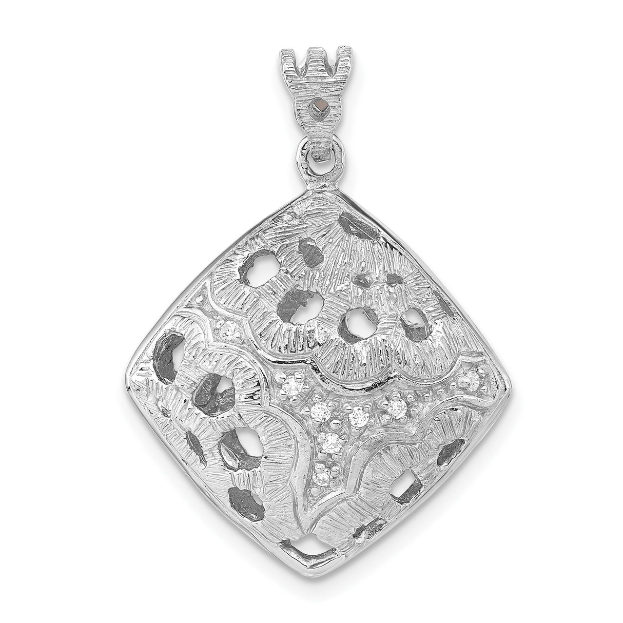 Sterling Silver Pendant with Crystal, Floral Cutout Design and Geometric Diamond Shape