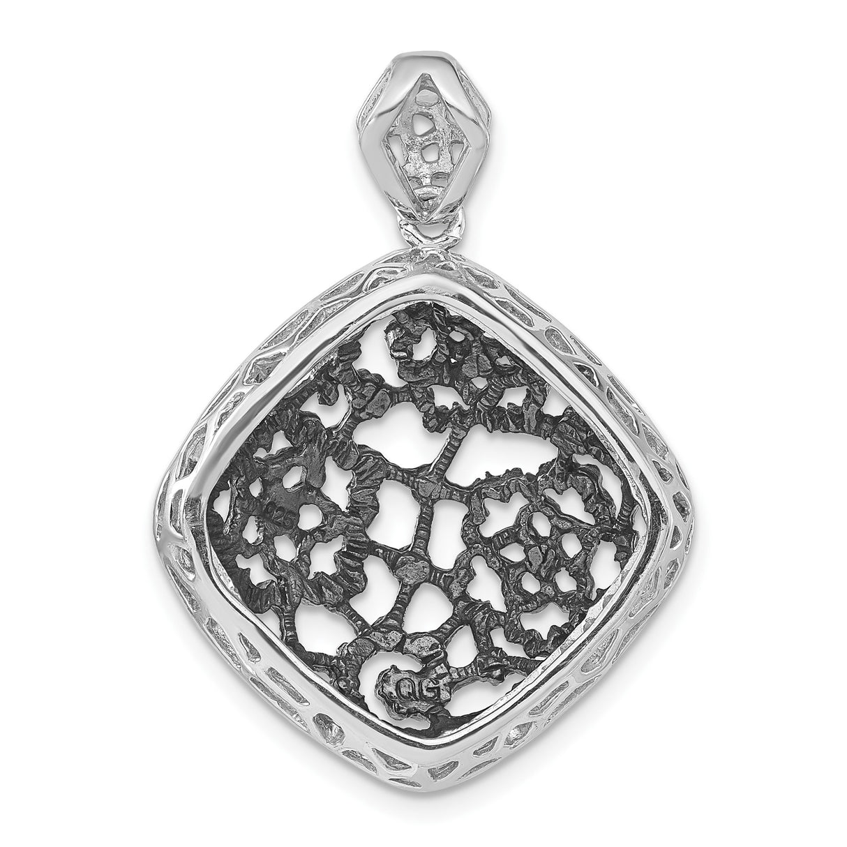 Sterling Silver Square Pendant with Cubic Zirconia, Oxidized Floral Lace Design, Boho Artisan Style