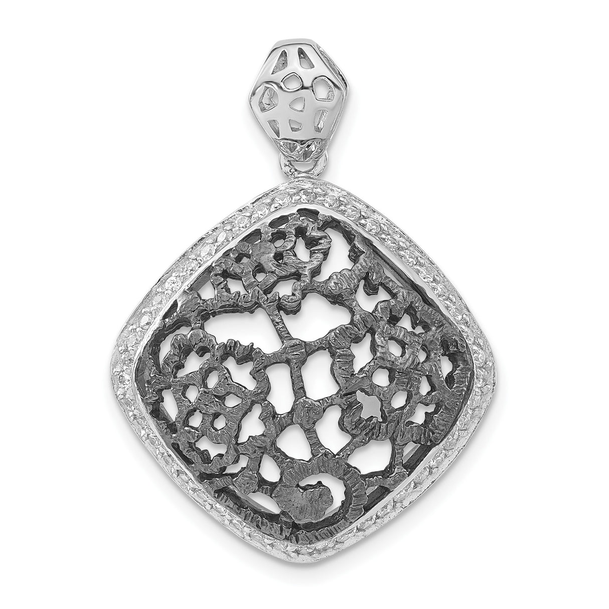 Sterling Silver Square Pendant with Cubic Zirconia, Oxidized Floral Lace Design, Boho Artisan Style
