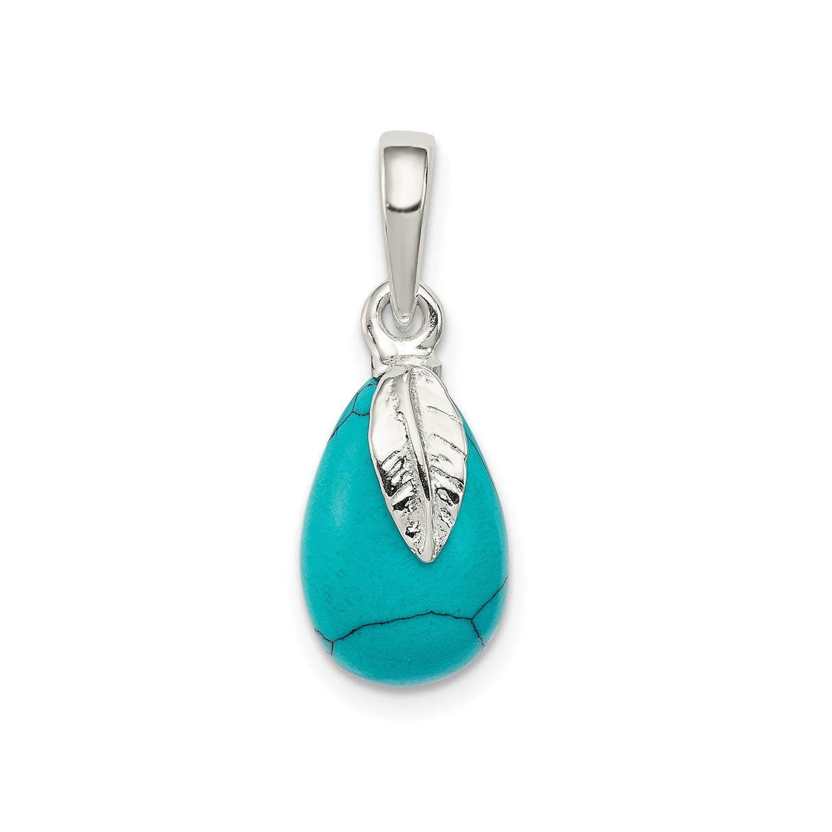 Sterling Silver Teardrop Feather Pendant with Turquoise, Native Boho Southwestern Jewelry
