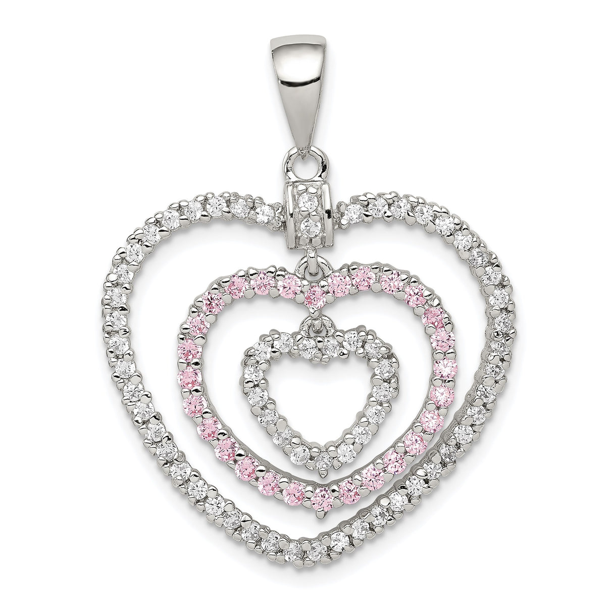 Sterling Silver Heart Pendant with White and Pink Cubic Zirconia, Layered Romantic Design