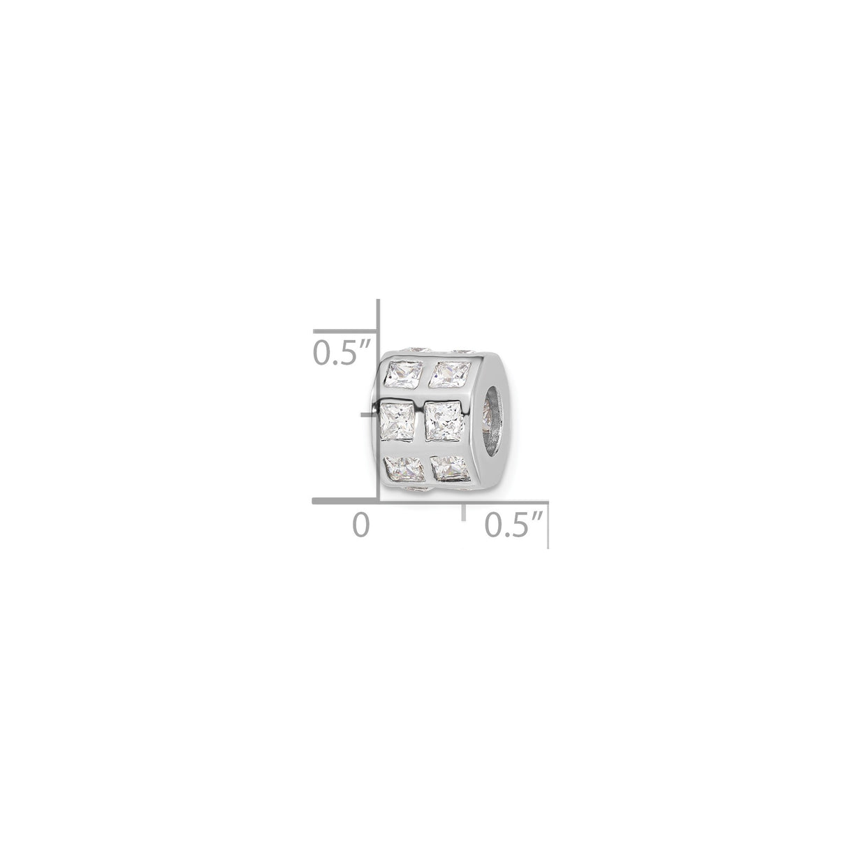 Sterling Silver Charm Bead with Cubic Zirconia, Grid Pattern, Modern Design