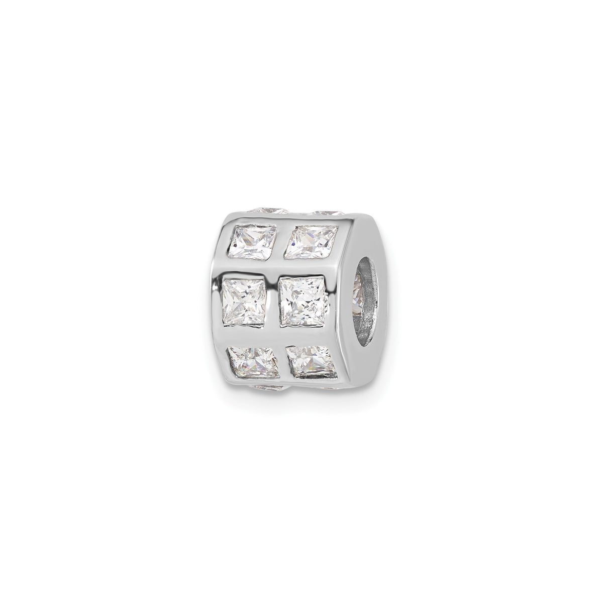 Sterling Silver Charm Bead with Cubic Zirconia, Grid Pattern, Modern Design