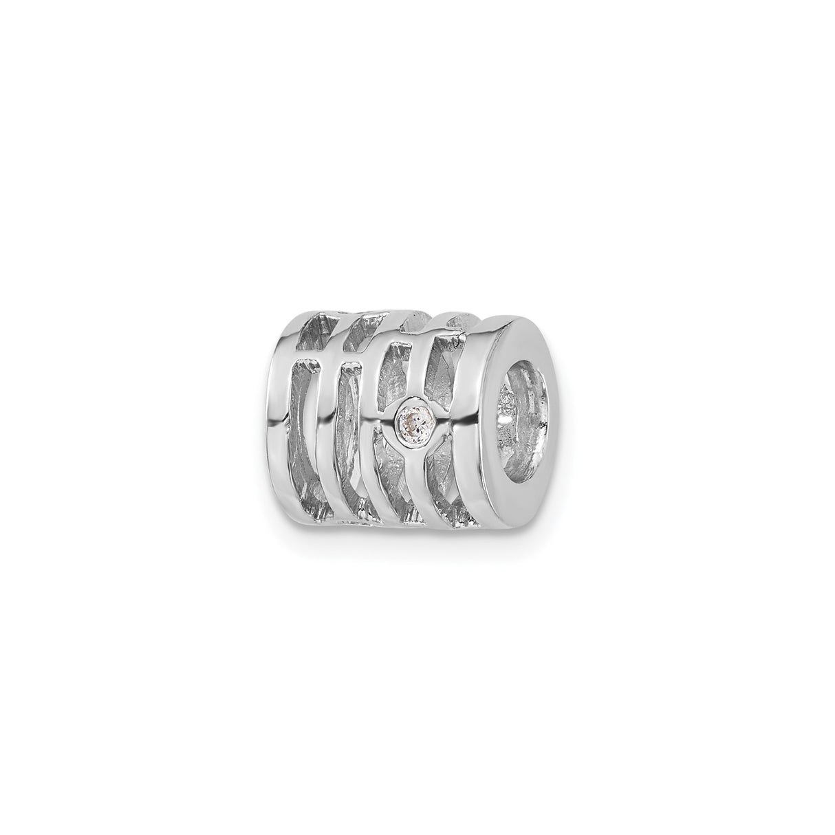 Sterling Silver Charm Bead with Cubic Zirconia, Openwork Linear Design, Modern Minimalist Style