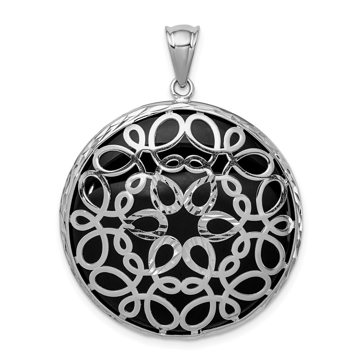 Sterling Silver Pendant with Onyx, Mandala Floral Design, Antique Style for Women