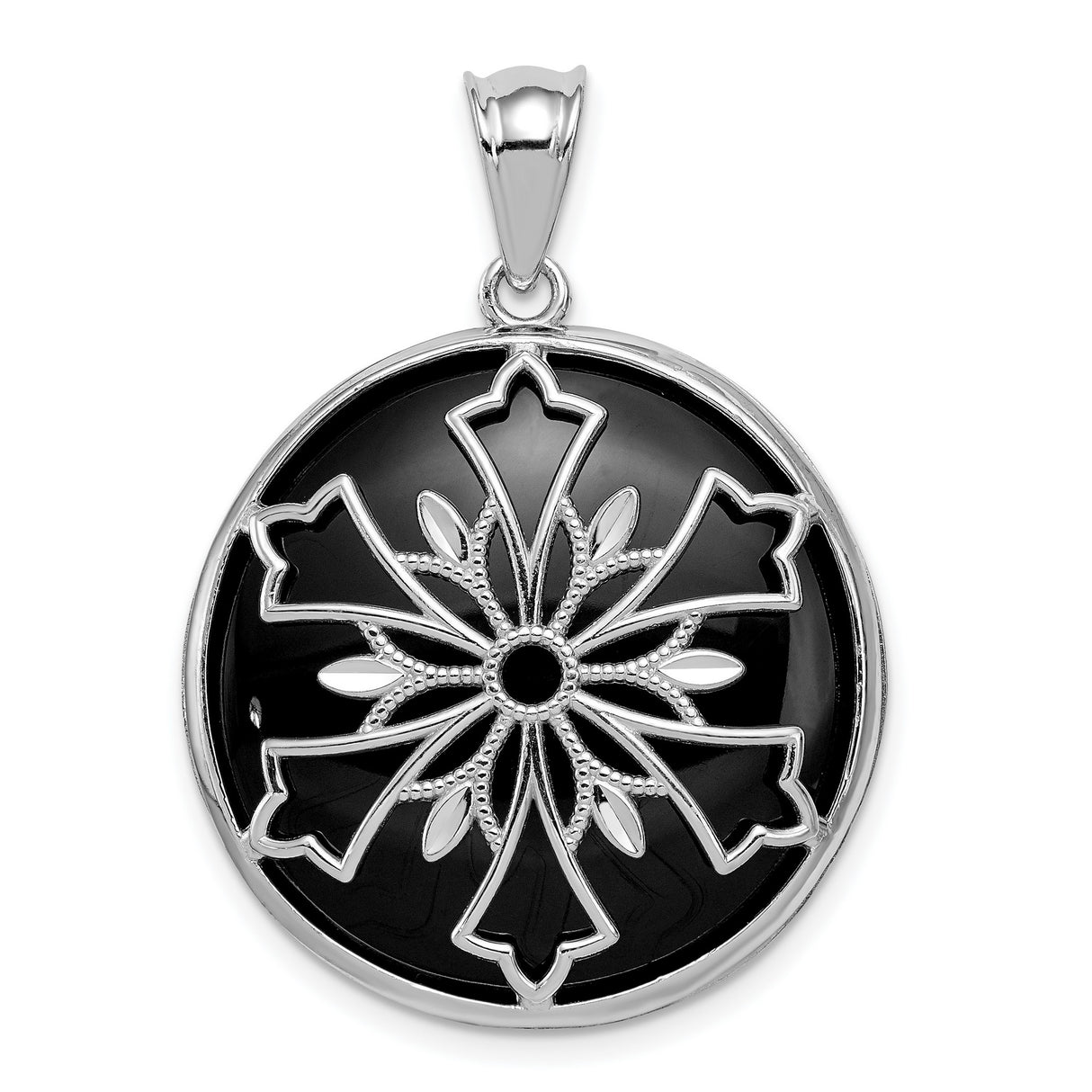 Sterling Silver Round Pendant with Mother-of-Pearl and Onyx, Floral Cross Design
