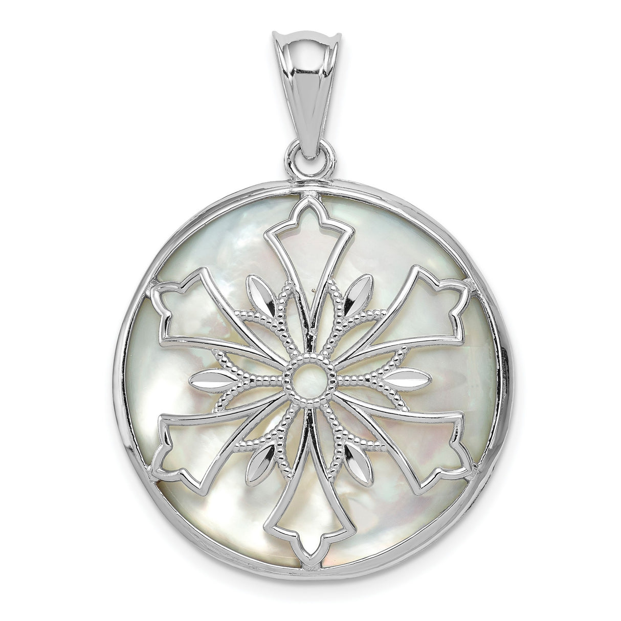 Sterling Silver Round Pendant with Mother-of-Pearl and Onyx, Floral Cross Design