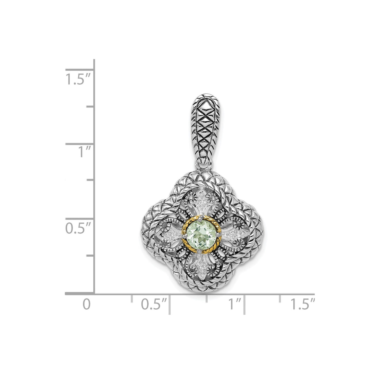 Sterling Silver Pendant with Cubic Zirconia and Prasiolite, Two Tone Floral Filigree Design