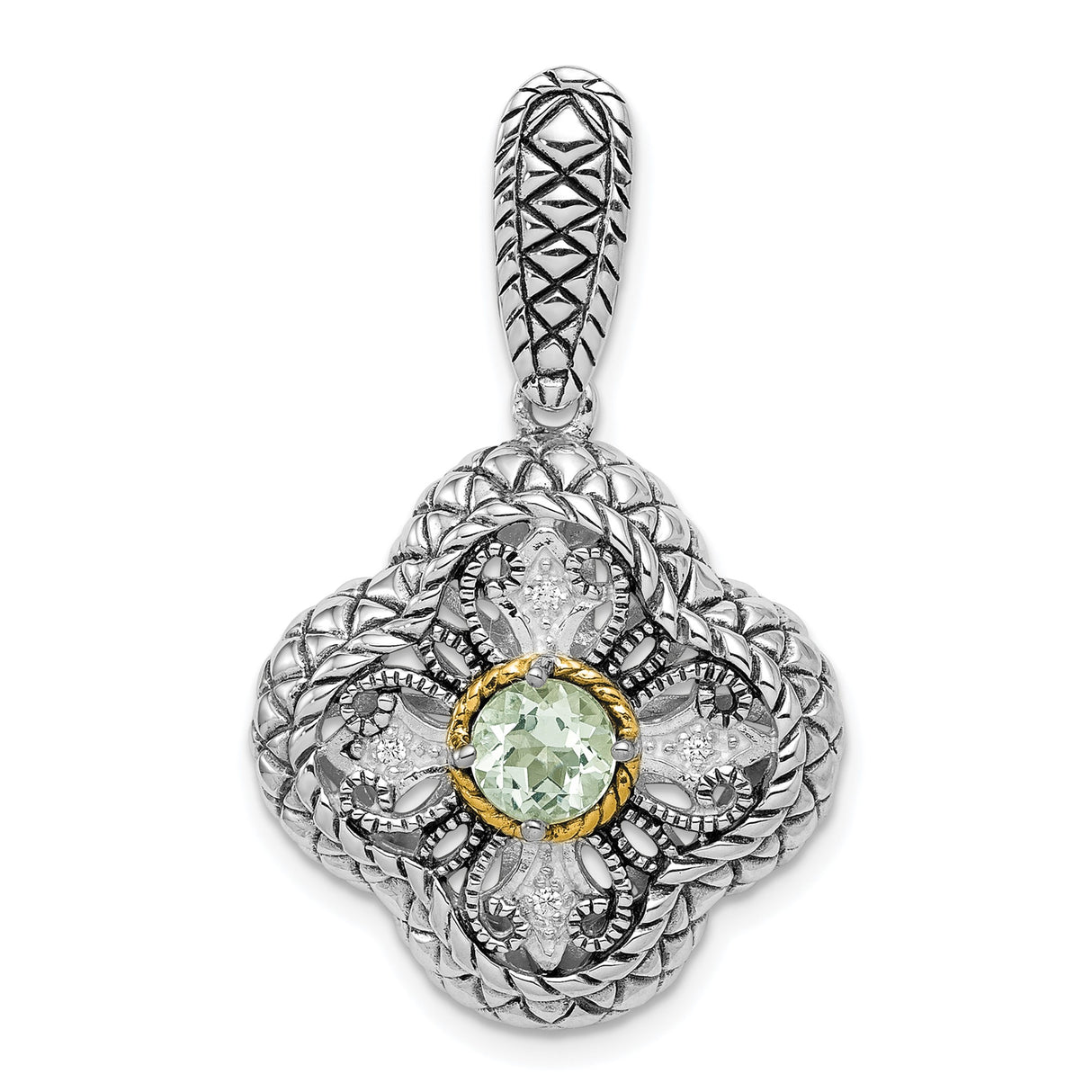 Sterling Silver Pendant with Cubic Zirconia and Prasiolite, Two Tone Floral Filigree Design