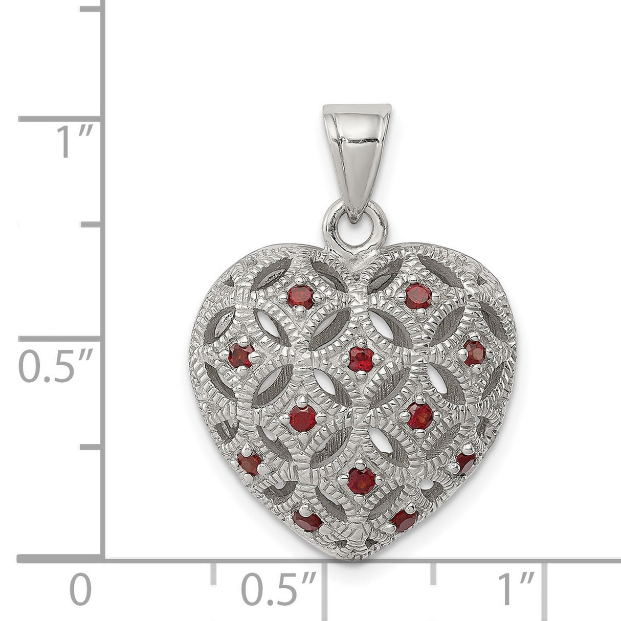 Sterling Silver Heart Pendant with Garnet, Intricate Filigree and Floral Design for Women