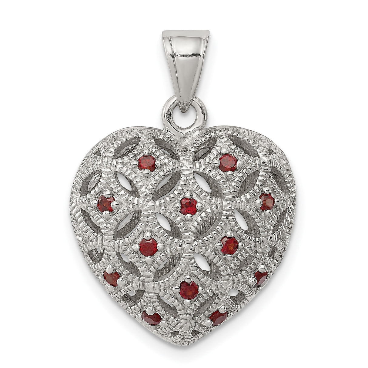 Sterling Silver Heart Pendant with Garnet, Intricate Filigree and Floral Design for Women
