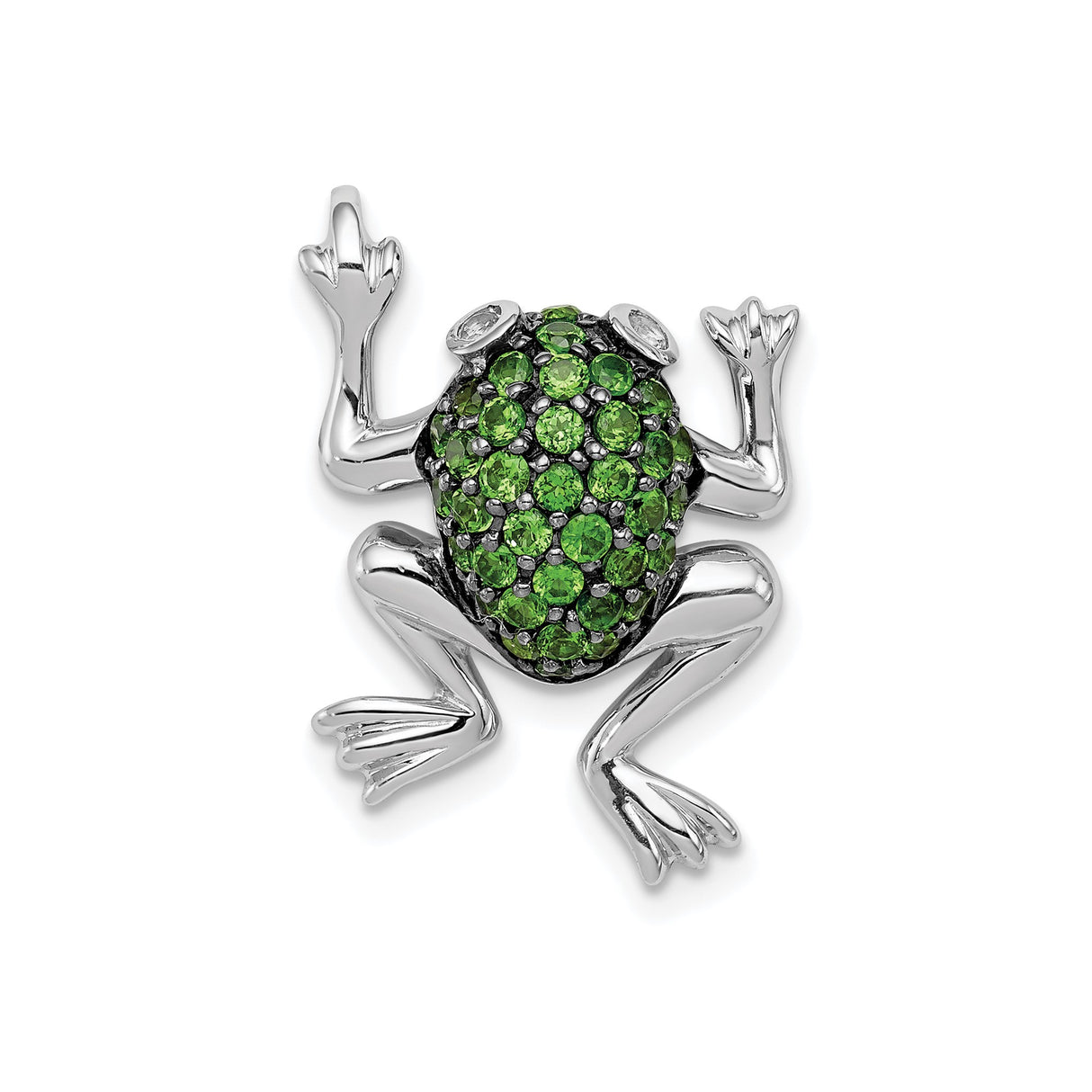Sterling Silver Frog Pendant with White Topaz and Chrome Diopside, Nature-Inspired Jewelry